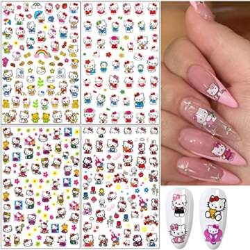 8 Sheets Cartoon Nail Stickers 3D Self-Adhesive Nail Decals Nail Art Supplies Designer Nail Stickers for Women Girls Nail Design Cute Cartoon Manicure Decoration Accessories