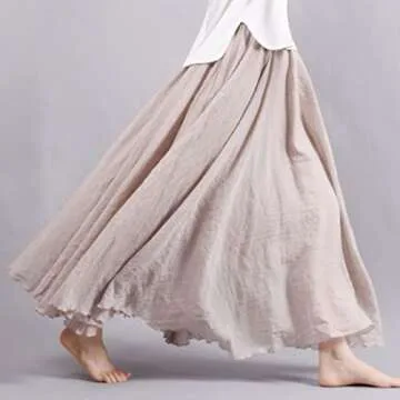 ASHER FASHION Women's Bohemian Style Elastic Waist Band Cotton Linen Long Maxi Skirt Dress (95CM, Be...