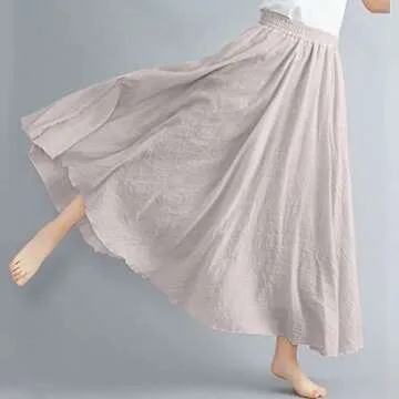ASHER FASHION Women's Bohemian Style Elastic Waist Band Cotton Linen Long Maxi Skirt Dress (95CM, Beige)