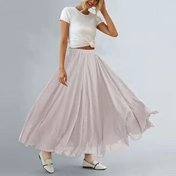 ASHER FASHION Women's Bohemian Style Elastic Waist Band Cotton Linen Long Maxi Skirt Dress (95CM, Beige)
