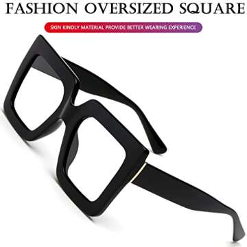 AIEYEZO Oversized Square Blue Light Glasses for Women Cute Big Frame Glasses Fashion Clear Multi-Color Computer Eyewear (Black + Black)