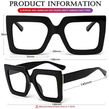 AIEYEZO Oversized Square Blue Light Glasses for Women Cute Big Frame Glasses Fashion Clear Multi-Color Computer Eyewear (Black + Black)
