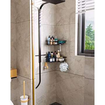 HapiRm Corner Shower Caddy with Shampoo Holder, 2-Pack Shower Organizer Shower Storage Shelf with 11 Hooks, No Drilling Rust Proof Stainless Steel Corner Shower Shelf with 6 Pack Adhesives (Black)