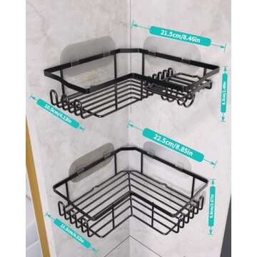 HapiRm Corner Shower Caddy with Shampoo Holder, 2-Pack Shower Organizer Shower Storage Shelf with 11 Hooks, No Drilling Rust Proof Stainless Steel Corner Shower Shelf with 6 Pack Adhesives (Black)