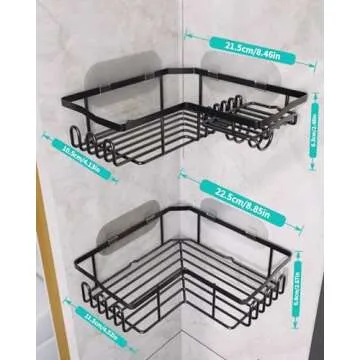HapiRm Corner Shower Caddy with Shampoo Holder, 2-Pack Shower Organizer Shower Storage Shelf with 11 Hooks, No Drilling Rust Proof Stainless Steel Corner Shower Shelf with 6 Pack Adhesives (Black)