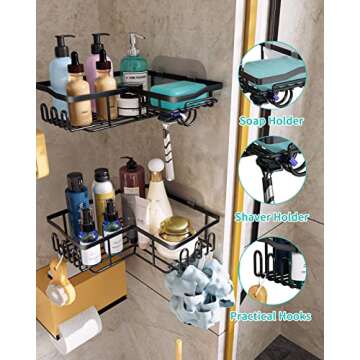 HapiRm Corner Shower Caddy with Shampoo Holder, 2-Pack Shower Organizer Shower Storage Shelf with 11 Hooks, No Drilling Rust Proof Stainless Steel Corner Shower Shelf with 6 Pack Adhesives (Black)