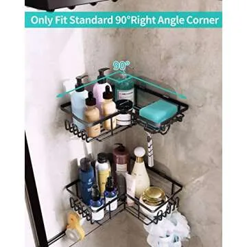 HapiRm Corner Shower Caddy with Shampoo Holder, 2-Pack Shower Organizer Shower Storage Shelf with 11 Hooks, No Drilling Rust Proof Stainless Steel Corner Shower Shelf with 6 Pack Adhesives (Black)