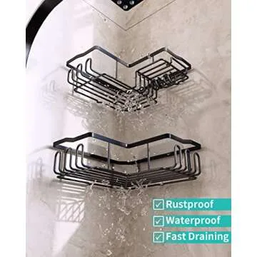 HapiRm Corner Shower Caddy with Shampoo Holder, 2-Pack Shower Organizer Shower Storage Shelf with 11 Hooks, No Drilling Rust Proof Stainless Steel Corner Shower Shelf with 6 Pack Adhesives (Black)