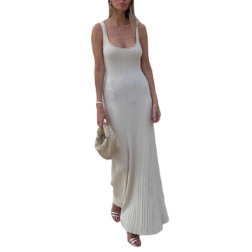 Yuemengxuan Women Sexy Knitted Maxi Dress Sleeveless U-Neck Bodycon Dress Backless Tank Dress Long Dress Party Streetwear (Creamy White, S)