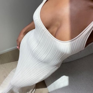 Yuemengxuan Women Sexy Knitted Maxi Dress Sleeveless U-Neck Bodycon Dress Backless Tank Dress Long Dress Party Streetwear (Creamy White, S)