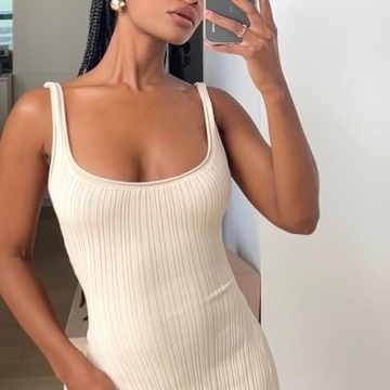 Yuemengxuan Women Sexy Knitted Maxi Dress Sleeveless U-Neck Bodycon Dress Backless Tank Dress Long Dress Party Streetwear (Creamy White, S)
