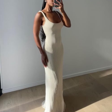 Yuemengxuan Women Sexy Knitted Maxi Dress Sleeveless U-Neck Bodycon Dress Backless Tank Dress Long Dress Party Streetwear (Creamy White, S)