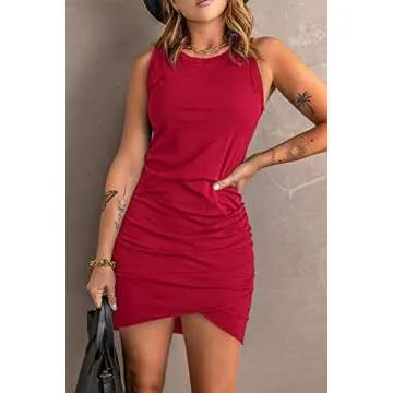 BTFBM Women 2024 Summer Sleeveless Tank Dresses Crew Neck Slim Fit Short Casual Ruched Bodycon Party Club Mini Dress(Bright Red, Small)