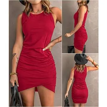 BTFBM Women 2024 Summer Sleeveless Tank Dresses Crew Neck Slim Fit Short Casual Ruched Bodycon Party Club Mini Dress(Bright Red, Small)