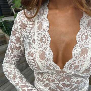 Chloefairy Sexy Lace Blouse with Flared Sleeves - White M