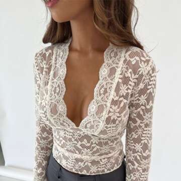 Chloefairy Sexy Lace Blouse with Flared Sleeves - White M