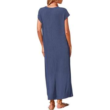 KIRUNDO Womens Summer Dresses Ribbed Knit Henley Short Sleeve Maxi Dress Button Up Loose Slit Beach ...