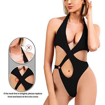 pesfeel Women Sexy One Piece Swimsuit Deep V Neck Front Criss Cross Backless Monokini Cheeky Thong Bikini Bathing Suits (Black, Medium)