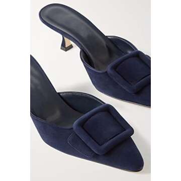 Divanne Heeled Mules for Women, Pointed Toe Slingback Pumps Buckle Kitten Heels Mules Slides Backless Dress Sandals-Dark Blue-6M US