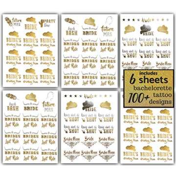 Bachelorettesy Wedding Temporary Tattoos 6 Sheets Bride Bachelorette Stickers 100+ Metallic Gold Tattoos for Bridal Party, Bachelorette Trip, Bridal Shower Party Decorations, Party Favors (June)