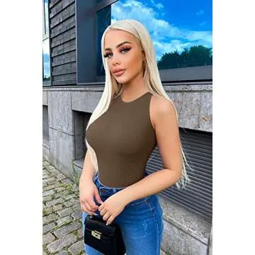 OQQ Women's 3 Piece Bodysuits Sexy Ribbed One Piece Sleeveless Halter Neck Tops Leotard Summer Trendy Black Coffee Rose