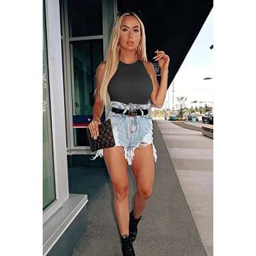 OQQ Women's 3 Piece Bodysuits Sexy Ribbed One Piece Sleeveless Halter Neck Tops Leotard Summer Trendy Black Coffee Rose