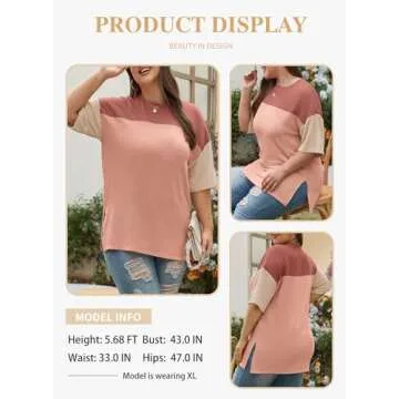 Eytino Plus Size Short Sleeve Color Block Tunic Tops