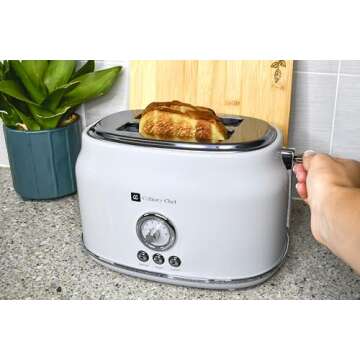 CULINARY CHEF, 2 Slice Toaster, Retro Style, Wide Slot for Bread, English Muffins, Croissants, and Bagels, 6 Adjustable Toast Settings, Cancel and Defrost, 900w, White