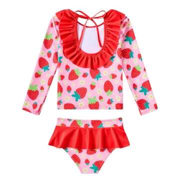 RAISEVERN Little Girls Rash Guard Swimsuit Set Strawberry Long Sleeve Ruffle Bathing Suit Two Piece ...