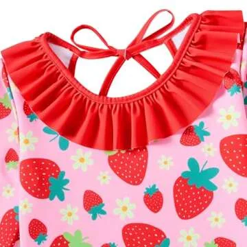 RAISEVERN Little Girls Rash Guard Swimsuit Set Strawberry Long Sleeve Ruffle Bathing Suit Two Piece Kids Swimwear Summer Swim Suits 3T