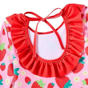 RAISEVERN Little Girls Rash Guard Swimsuit Set Strawberry Long Sleeve Ruffle Bathing Suit Two Piece Kids Swimwear Summer Swim Suits 3T