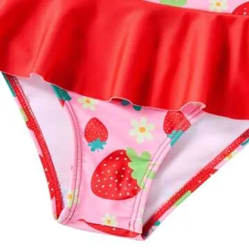 RAISEVERN Little Girls Rash Guard Swimsuit Set Strawberry Long Sleeve Ruffle Bathing Suit Two Piece Kids Swimwear Summer Swim Suits 3T