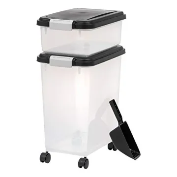 IRIS USA Dog Food Storage Container, 30 lbs & 11 lbs Combo, Cat Food Storage Container, Dog Treat Container, Airtight, Stackable, 2-Cup Scoop, Wheels, Easy Mobility, Black