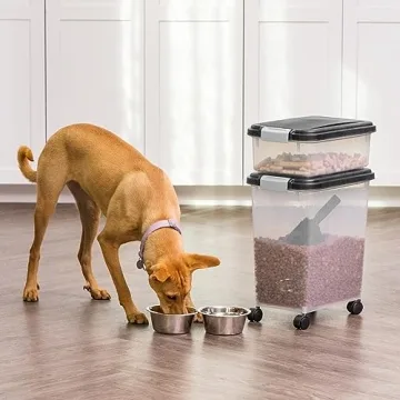 IRIS USA Dog Food Storage Container, 30 lbs & 11 lbs Combo, Cat Food Storage Container, Dog Treat Container, Airtight, Stackable, 2-Cup Scoop, Wheels, Easy Mobility, Black