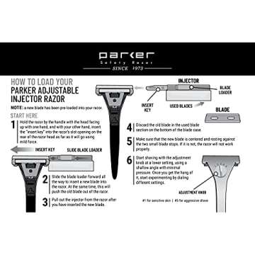 Parker’s Adjustable Injector Razor – Single Edge Adjustable Safety Razor – 20 Parker Injector Razor Blades Included – Customize your shave with a turn of the dial