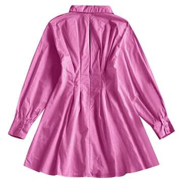 ZAFUL Women's Long Sleeve Lace-up A Line Shirt Dress V Neck Plunging Top Blouse Tunic Shirt Mini Dress Pink