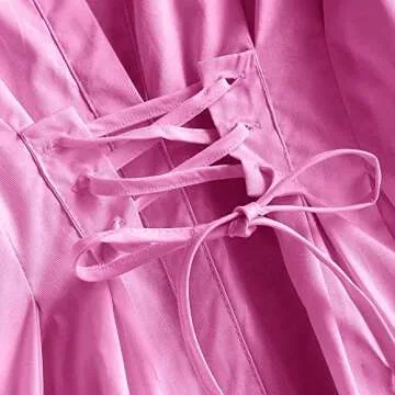 ZAFUL Women's Long Sleeve Lace-up A Line Shirt Dress V Neck Plunging Top Blouse Tunic Shirt Mini Dress Pink