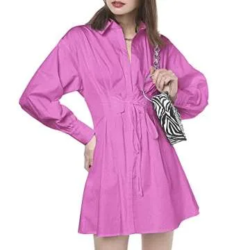 ZAFUL Women's Long Sleeve Lace-up A Line Shirt Dress V Neck Plunging Top Blouse Tunic Shirt Mini Dress Pink