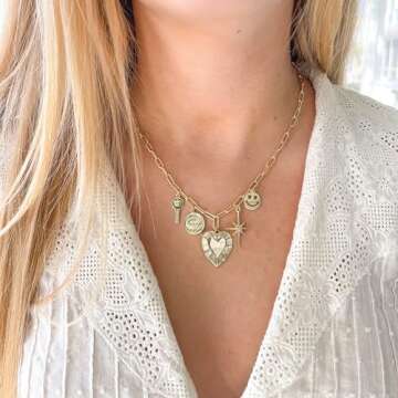 BONNE AFFAIRE Multiple Charm Necklace in 14k Gold Plate Paperclip Chain is Adjustable with Lover Charms - Heart, Evil Eye, Key, Starburst, and Smiley Face Charms, Ready to Gift in Branded Box.