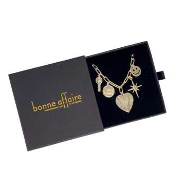 BONNE AFFAIRE Multiple Charm Necklace in 14k Gold Plate Paperclip Chain is Adjustable with Lover Charms - Heart, Evil Eye, Key, Starburst, and Smiley Face Charms, Ready to Gift in Branded Box.