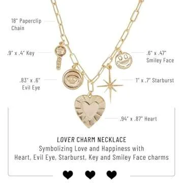 BONNE AFFAIRE Multiple Charm Necklace in 14k Gold Plate Paperclip Chain is Adjustable with Lover Charms - Heart, Evil Eye, Key, Starburst, and Smiley Face Charms, Ready to Gift in Branded Box.