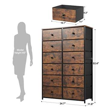 EnHomee 12 Drawer Dresser with Wooden Top and Metal Frame, Tall Fabric Dresser & Chest of Drawers fo...