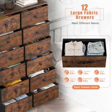 EnHomee 12 Drawer Dresser with Wooden Top and Metal Frame, Tall Fabric Dresser & Chest of Drawers for Bedroom Closet Living Room, Rustic Brown, 11.8" D x 34.7" W x 52.4" H