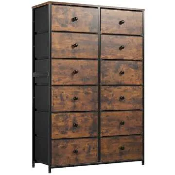 EnHomee 12 Drawer Dresser with Wooden Top and Metal Frame, Tall Fabric Dresser & Chest of Drawers for Bedroom Closet Living Room, Rustic Brown, 11.8" D x 34.7" W x 52.4" H