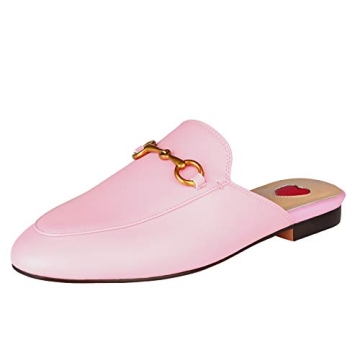 Stylish Arqa Mules: Pink Almond Toe Leather Slip-ons for Women