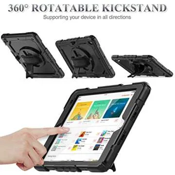 SEYMAC stock Case for iPad 9th/ 8th/ 7th Generation 10.2'', Shockproof with Screen Protector, Pencil Holder [360° Rotating Hand Strap] & Stand, for iPad 10.2 inch 2021-2019 (Black)