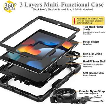 SEYMAC stock Case for iPad 9th/ 8th/ 7th Generation 10.2'', Shockproof with Screen Protector, Pencil Holder [360° Rotating Hand Strap] & Stand, for iPad 10.2 inch 2021-2019 (Black)