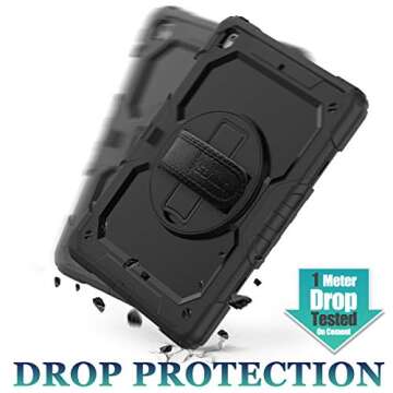SEYMAC stock Case for iPad 9th/ 8th/ 7th Generation 10.2'', Shockproof with Screen Protector, Pencil Holder [360° Rotating Hand Strap] & Stand, for iPad 10.2 inch 2021-2019 (Black)