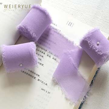 WEIERYUE 2" x 5Yd Set of 3 Rolls Chiffon Fringe Ribbon Handmade Chiffon Ribbon Silk-Like Frayed Edges Ribbons for Wedding Invitations, Bouquets, Gift Wrapping, DIY Crafts (3 Rolls Levander Purple)