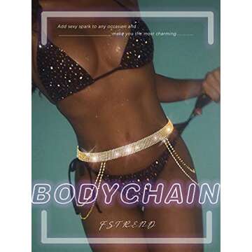 Fstrend Rhinestone Waist Chains Silver Crystal Hip Chain Belly Belts Fashion Bikini Rave Festival Party Beach Clubwear Accessories Jewelry for Women and Girls (Gold)